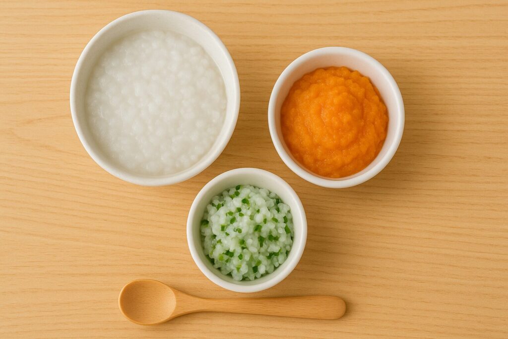 白おかゆ 野菜ペースト 緑のおかゆが入った器とスプーン